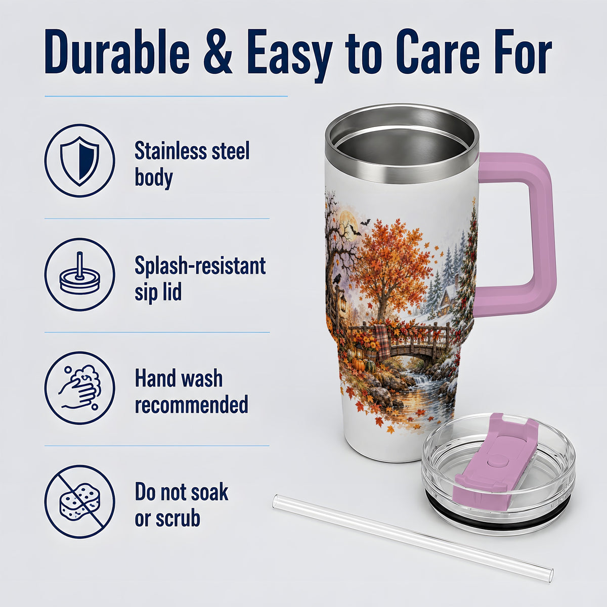 #pl[40oz|Pink] Fall Christmas Landscape 40oz Tumbler, Seasonal Village Drinkware