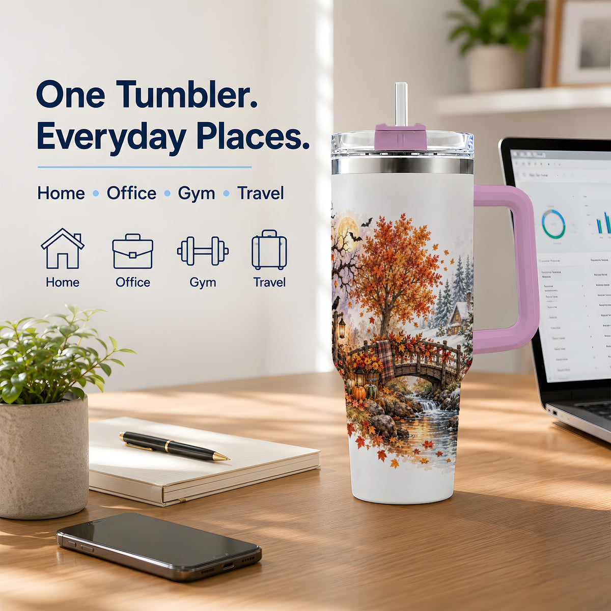 #pl[40oz|Pink] Fall Christmas Landscape 40oz Tumbler, Seasonal Village Drinkware