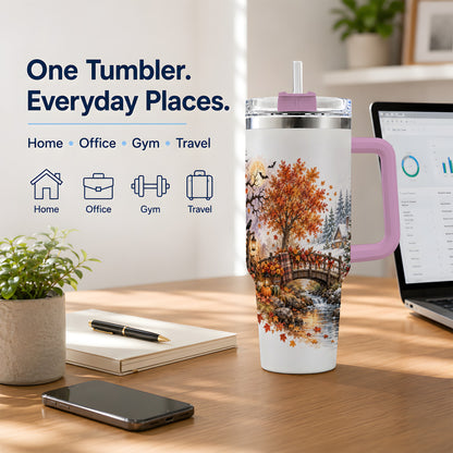#pl[40oz|Pink] Fall Christmas Landscape 40oz Tumbler, Seasonal Village Drinkware