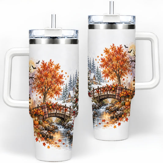 Fall Christmas Landscape 40oz Tumbler, Seasonal Village Drinkware