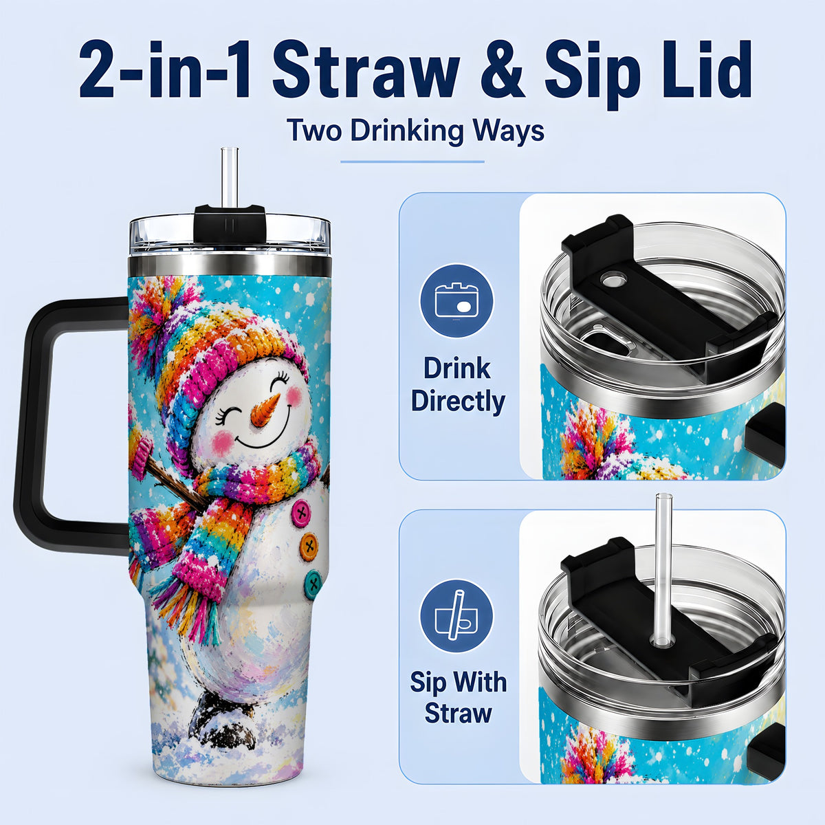 #pl[40oz|Black] Colorful Winter Snowman 40oz Tumbler, Snowy Seasonal Drinkware Artwork