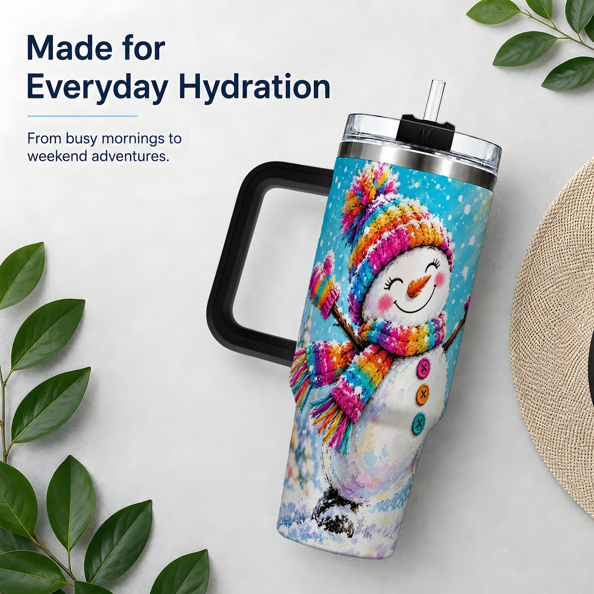 #pl[40oz|Black] Colorful Winter Snowman 40oz Tumbler, Snowy Seasonal Drinkware Artwork
