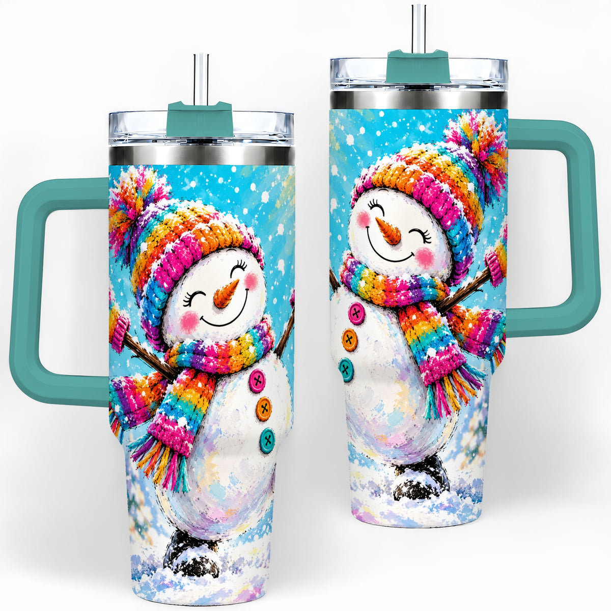 #pl[40oz|Green] Colorful Winter Snowman 40oz Tumbler, Snowy Seasonal Drinkware Artwork
