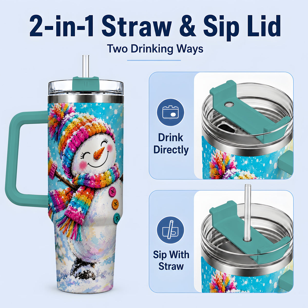 #pl[40oz|Green] Colorful Winter Snowman 40oz Tumbler, Snowy Seasonal Drinkware Artwork