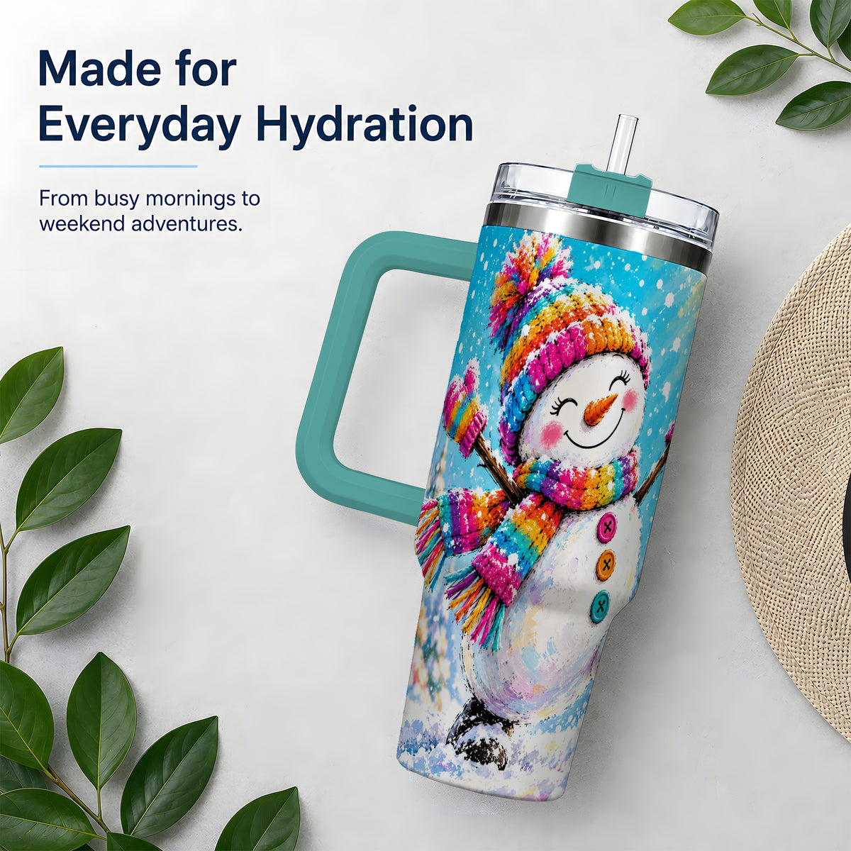 #pl[40oz|Green] Colorful Winter Snowman 40oz Tumbler, Snowy Seasonal Drinkware Artwork