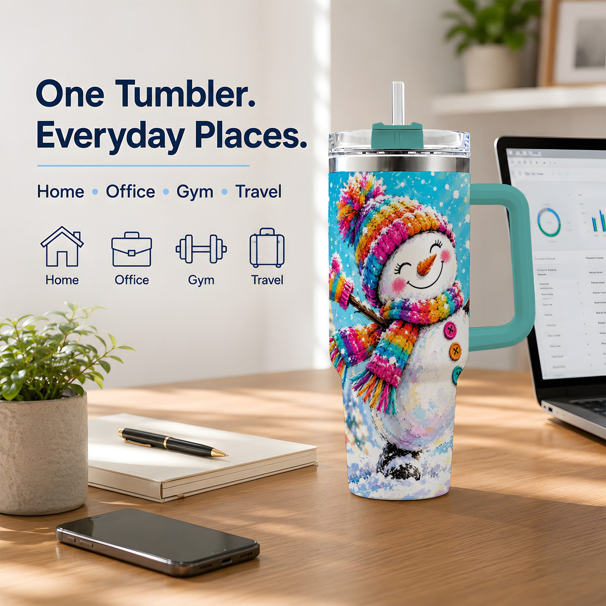 #pl[40oz|Green] Colorful Winter Snowman 40oz Tumbler, Snowy Seasonal Drinkware Artwork
