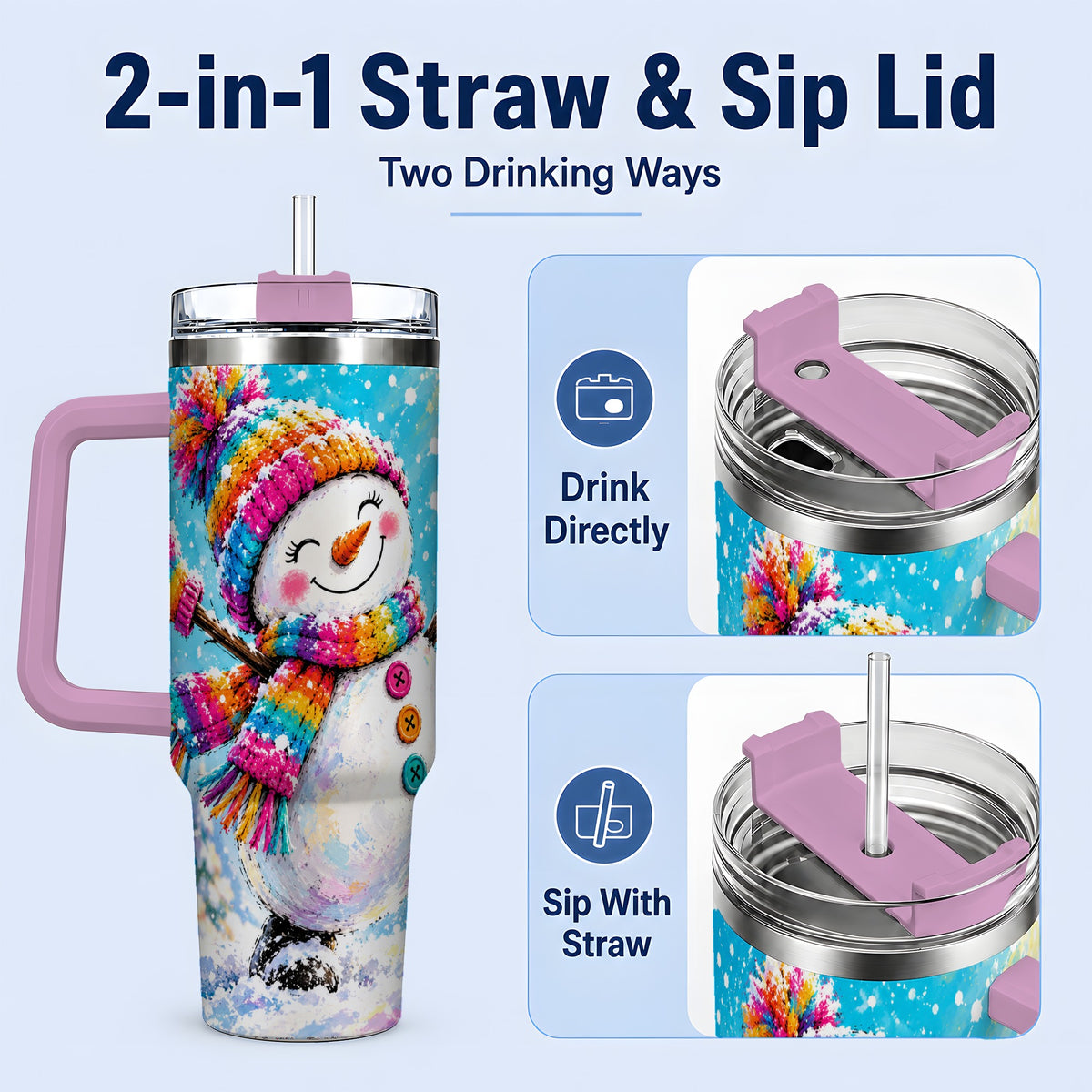 #pl[40oz|Pink] Colorful Winter Snowman 40oz Tumbler, Snowy Seasonal Drinkware Artwork