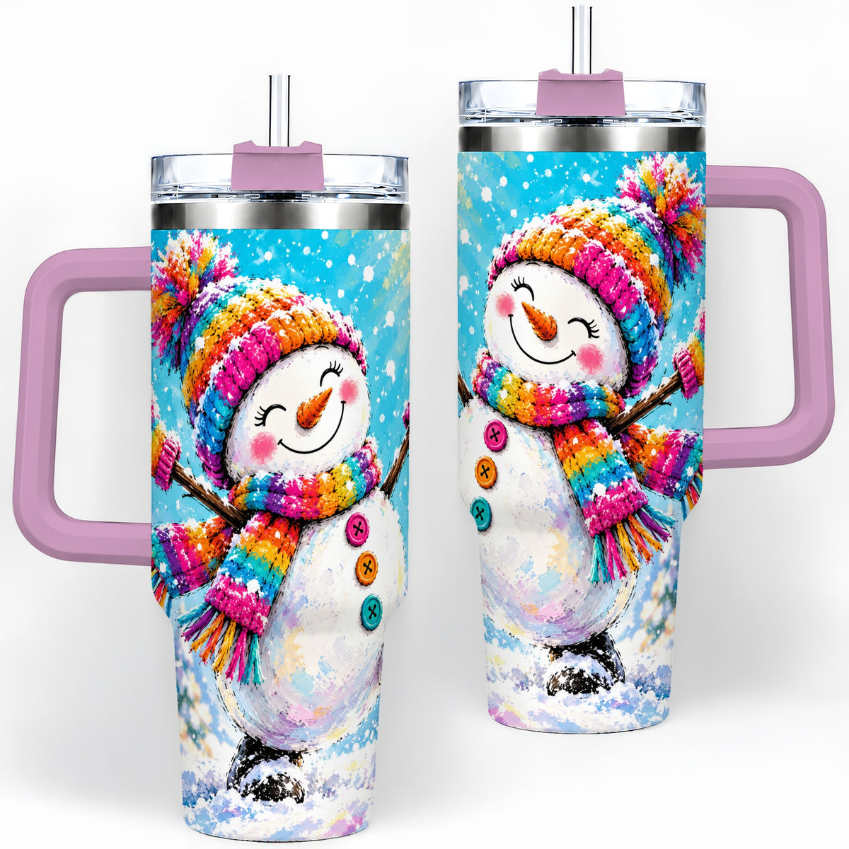 #pl[40oz|Pink] Colorful Winter Snowman 40oz Tumbler, Snowy Seasonal Drinkware Artwork