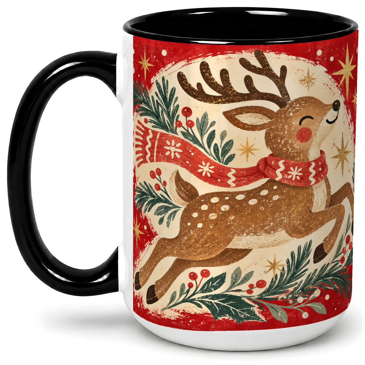 #pl[15oz|Black] Christmas Reindeer Accent Mug, Ceramic Coffee Cup for Holiday Use