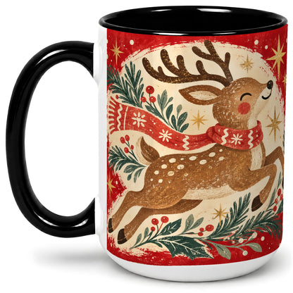 #pl[15oz|Black] Christmas Reindeer Accent Mug, Ceramic Coffee Cup for Holiday Use