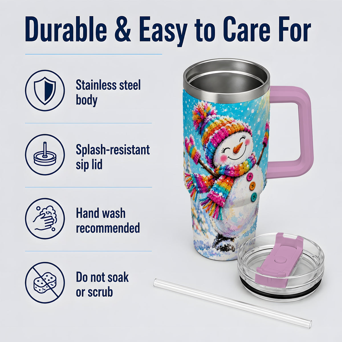 #pl[40oz|Pink] Colorful Winter Snowman 40oz Tumbler, Snowy Seasonal Drinkware Artwork