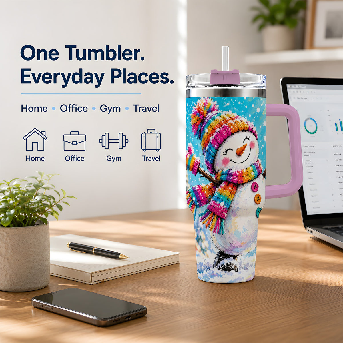 #pl[40oz|Pink] Colorful Winter Snowman 40oz Tumbler, Snowy Seasonal Drinkware Artwork