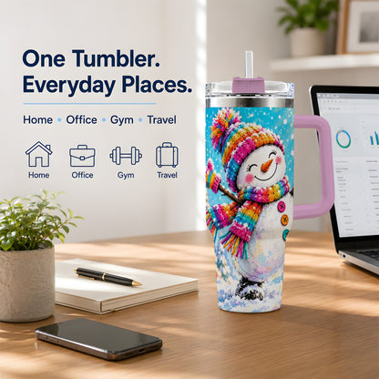 #pl[40oz|Pink] Colorful Winter Snowman 40oz Tumbler, Snowy Seasonal Drinkware Artwork
