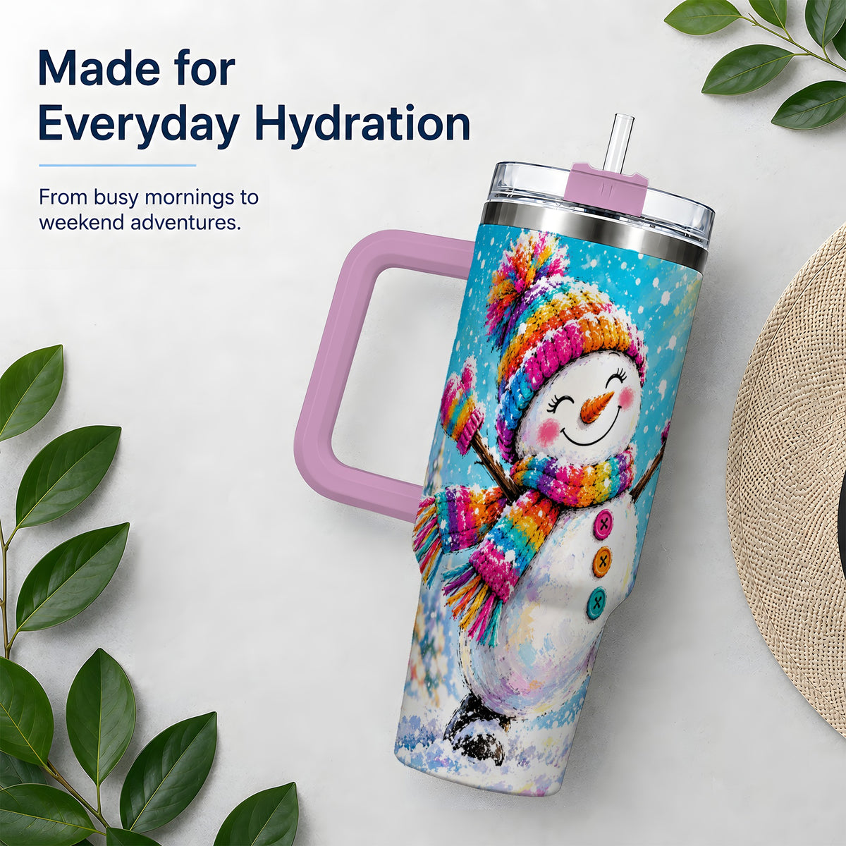 #pl[40oz|Pink] Colorful Winter Snowman 40oz Tumbler, Snowy Seasonal Drinkware Artwork