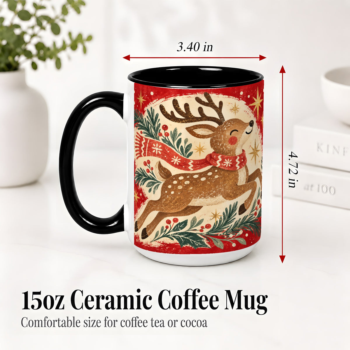 #pl[15oz|Black] Christmas Reindeer Accent Mug, Ceramic Coffee Cup for Holiday Use