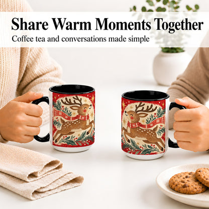 #pl[15oz|Black] Christmas Reindeer Accent Mug, Ceramic Coffee Cup for Holiday Use