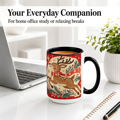 #pl[15oz|Black] Christmas Reindeer Accent Mug, Ceramic Coffee Cup for Holiday Use