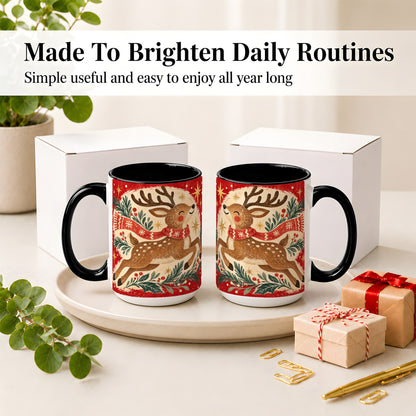 #pl[15oz|Black] Christmas Reindeer Accent Mug, Ceramic Coffee Cup for Holiday Use