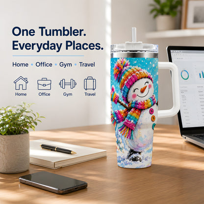 #pl[40oz|White] Colorful Winter Snowman 40oz Tumbler, Snowy Seasonal Drinkware Artwork