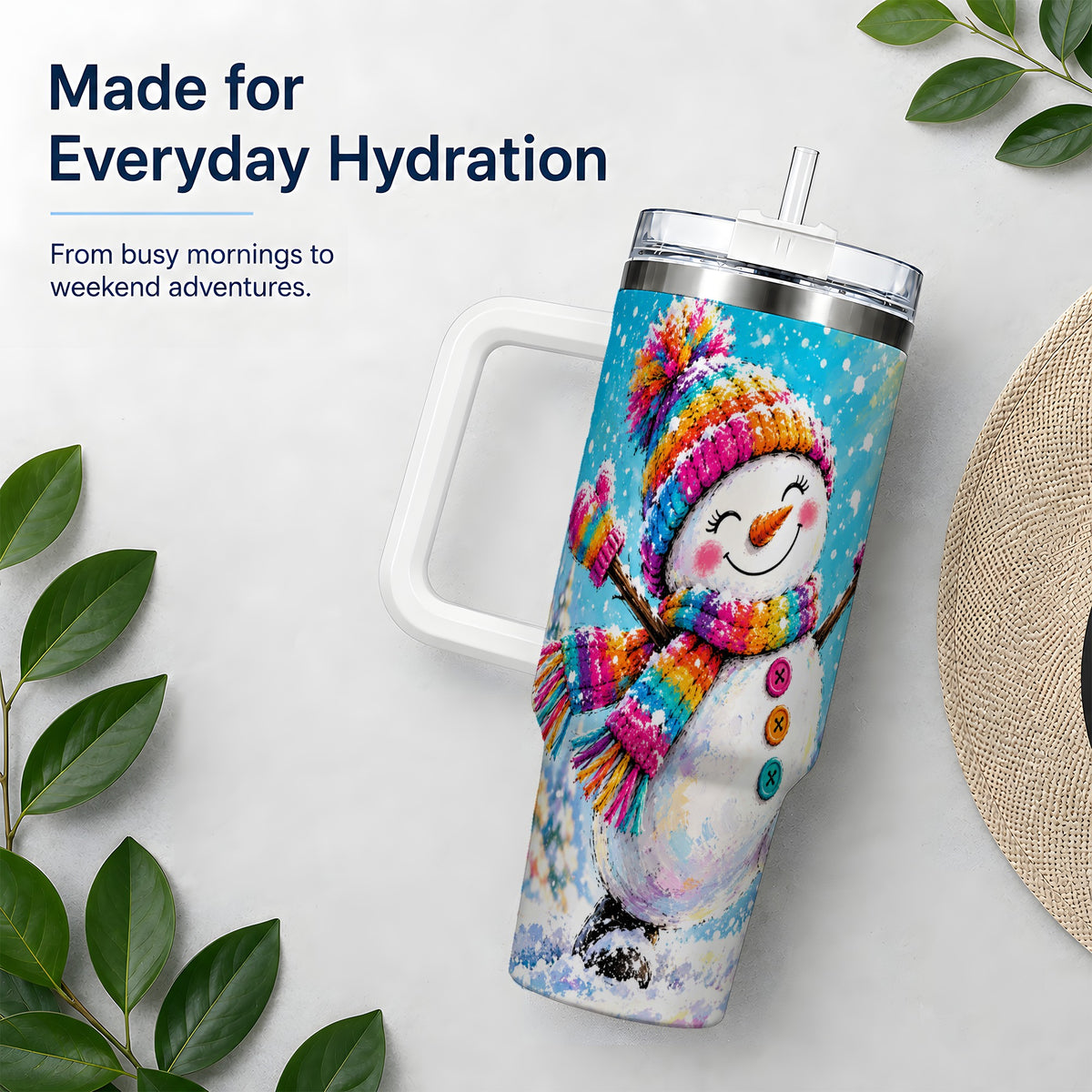 #pl[40oz|White] Colorful Winter Snowman 40oz Tumbler, Snowy Seasonal Drinkware Artwork