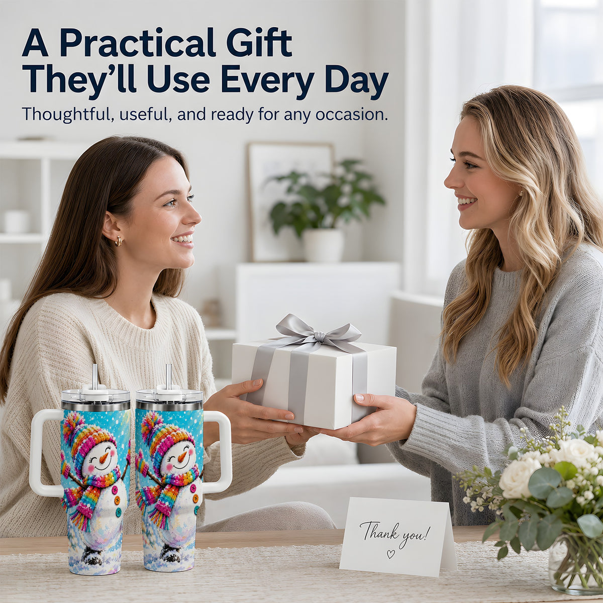 #pl[40oz|White] Colorful Winter Snowman 40oz Tumbler, Snowy Seasonal Drinkware Artwork