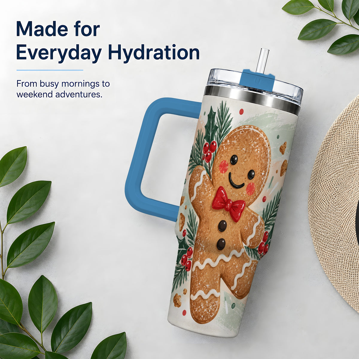 #pl[40oz|Blue] Gingerbread Christmas 40oz Tumbler, Festive Cookie Holiday Artwork
