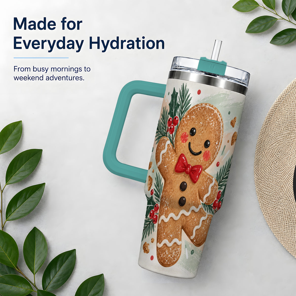#pl[40oz|Green] Gingerbread Christmas 40oz Tumbler, Festive Cookie Holiday Artwork