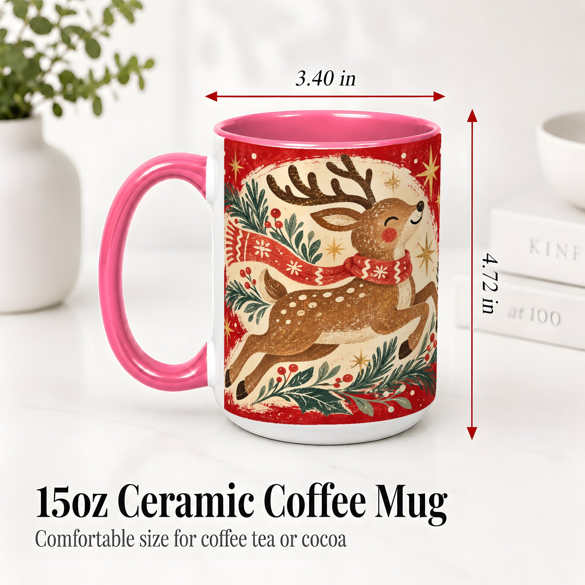 #pl[15oz|Pink] Christmas Reindeer Accent Mug, Ceramic Coffee Cup for Holiday Use
