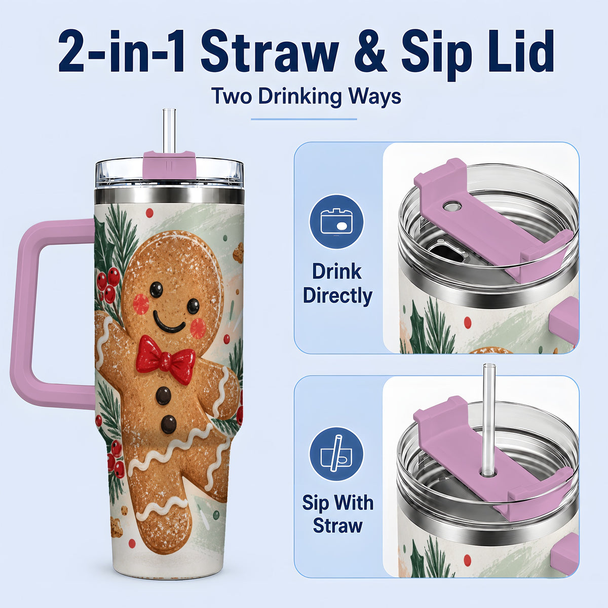 #pl[40oz|Pink] Gingerbread Christmas 40oz Tumbler, Festive Cookie Holiday Artwork