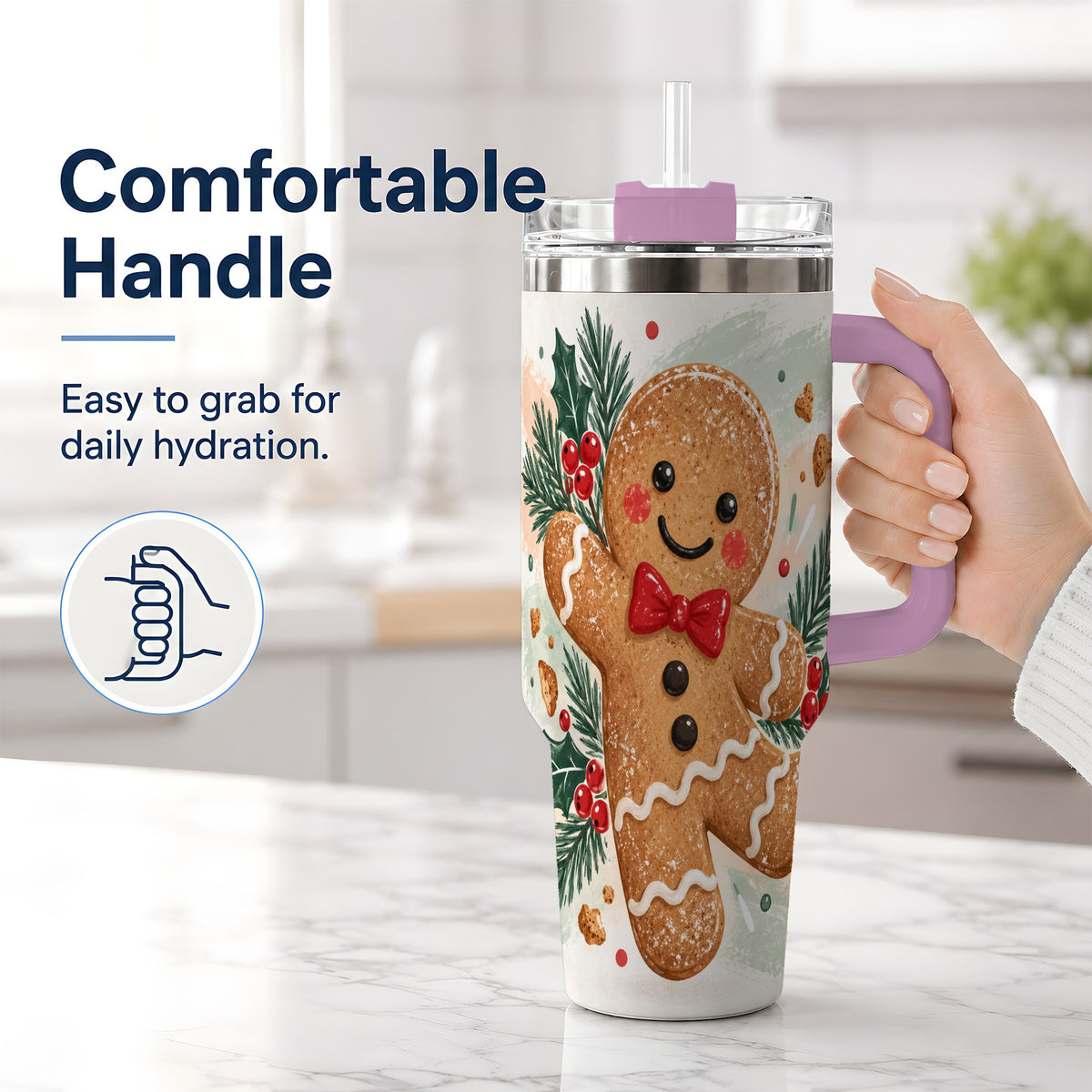 #pl[40oz|Pink] Gingerbread Christmas 40oz Tumbler, Festive Cookie Holiday Artwork