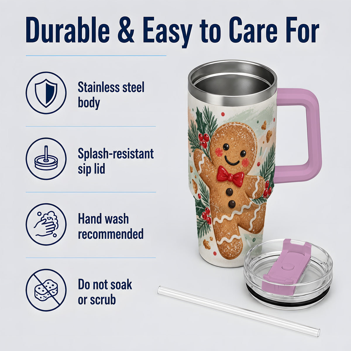 #pl[40oz|Pink] Gingerbread Christmas 40oz Tumbler, Festive Cookie Holiday Artwork