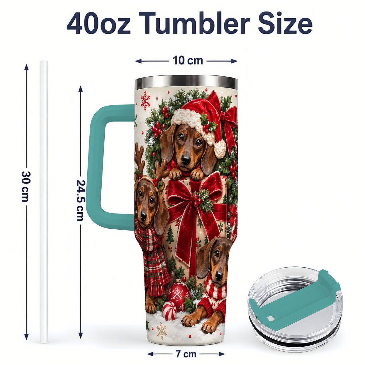 #pl[40oz|Green] Christmas Dachshund 40oz Tumbler, Festive Puppy Winter Holiday Artwork