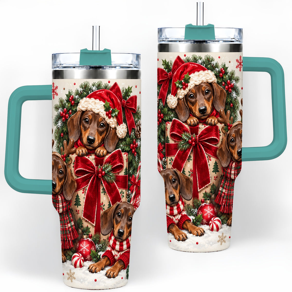 #pl[40oz|Green] Christmas Dachshund 40oz Tumbler, Festive Puppy Winter Holiday Artwork