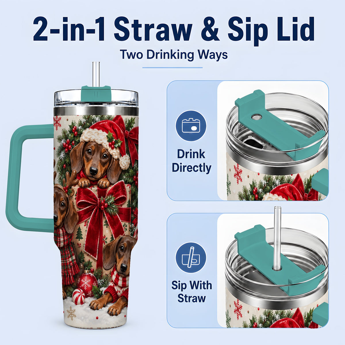#pl[40oz|Green] Christmas Dachshund 40oz Tumbler, Festive Puppy Winter Holiday Artwork