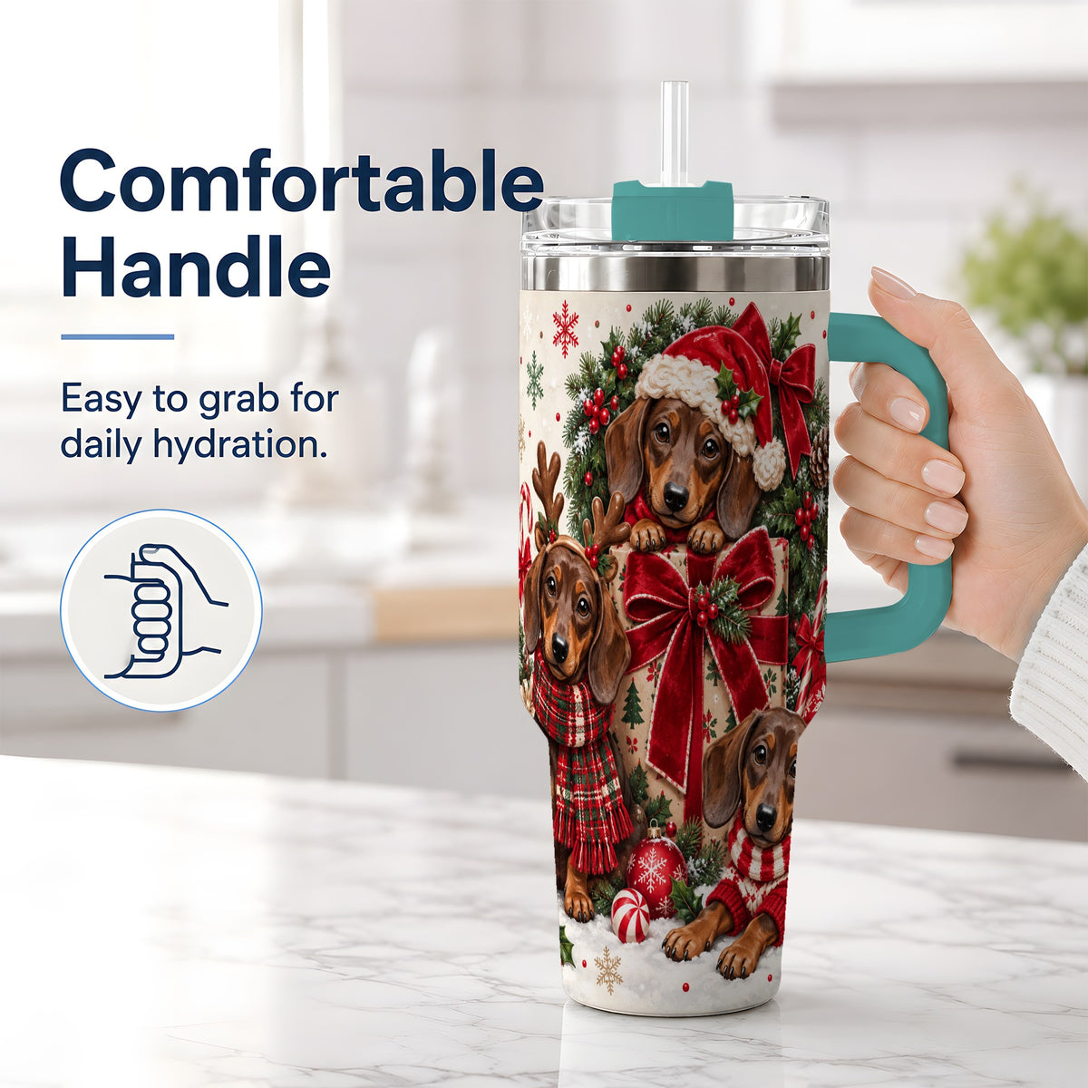 #pl[40oz|Green] Christmas Dachshund 40oz Tumbler, Festive Puppy Winter Holiday Artwork