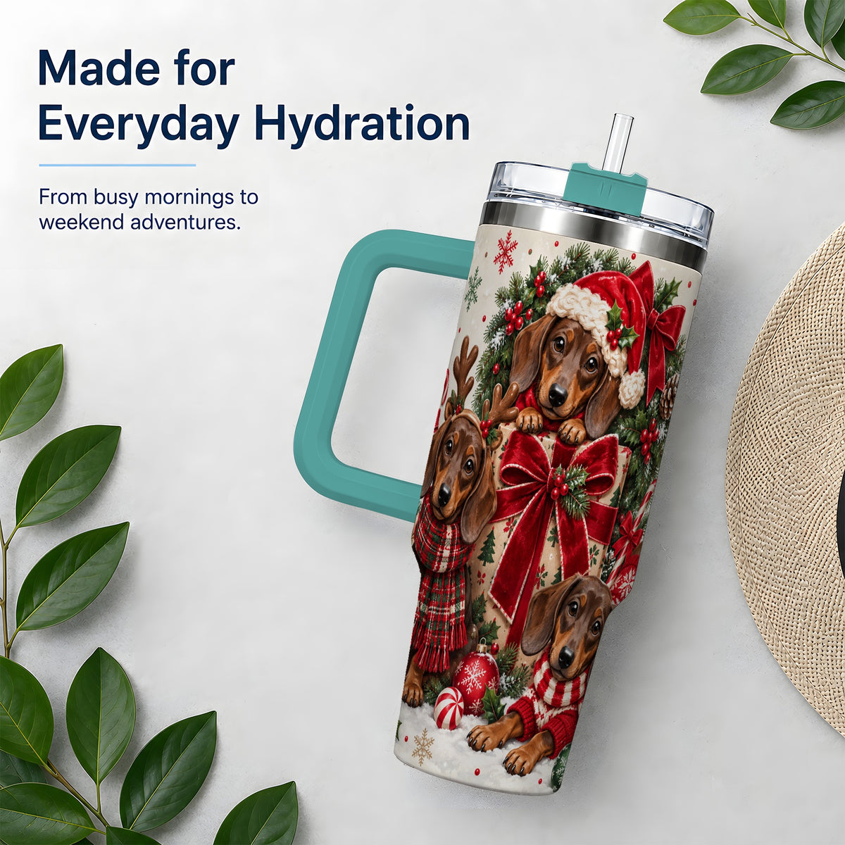 #pl[40oz|Green] Christmas Dachshund 40oz Tumbler, Festive Puppy Winter Holiday Artwork