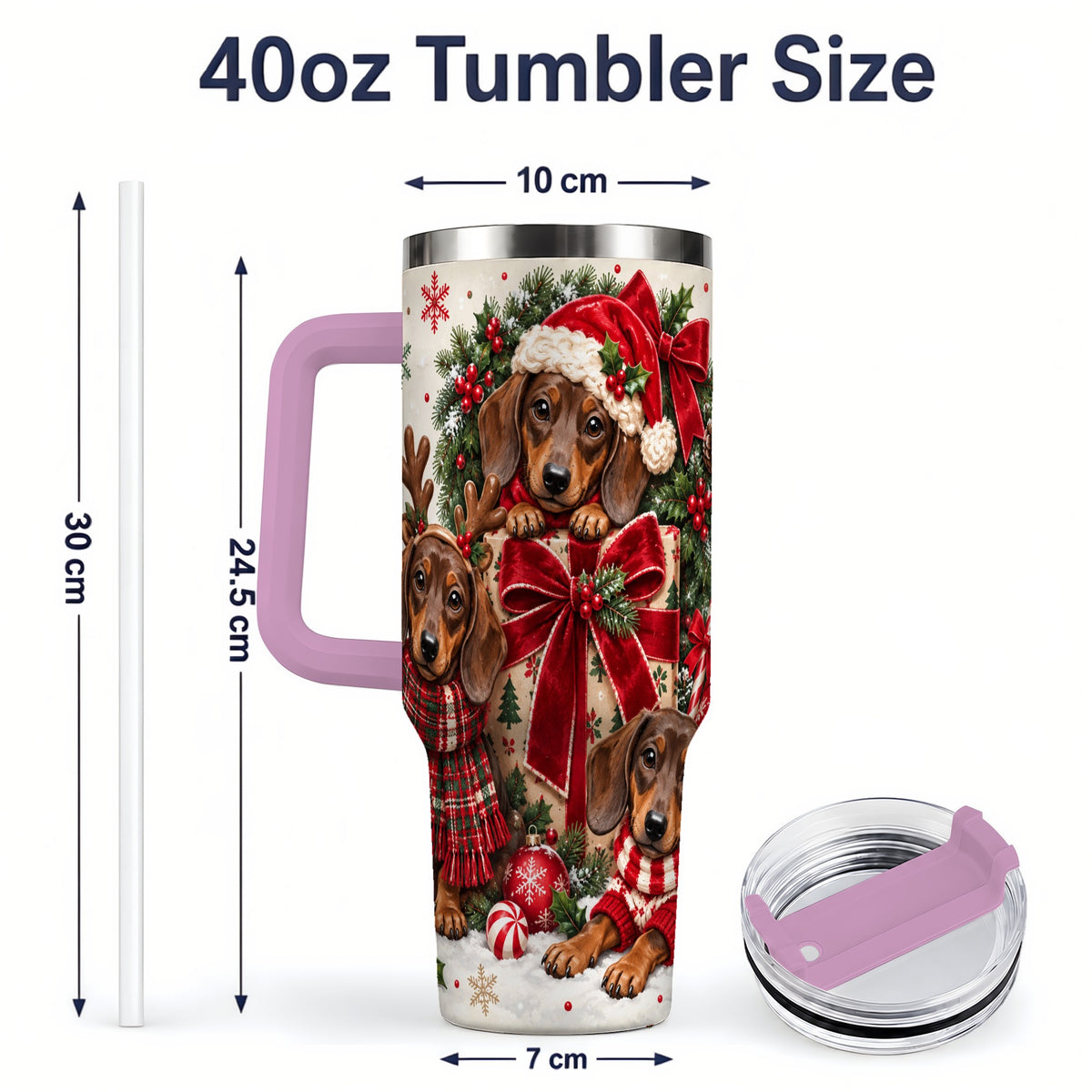 #pl[40oz|Pink] Christmas Dachshund 40oz Tumbler, Festive Puppy Winter Holiday Artwork