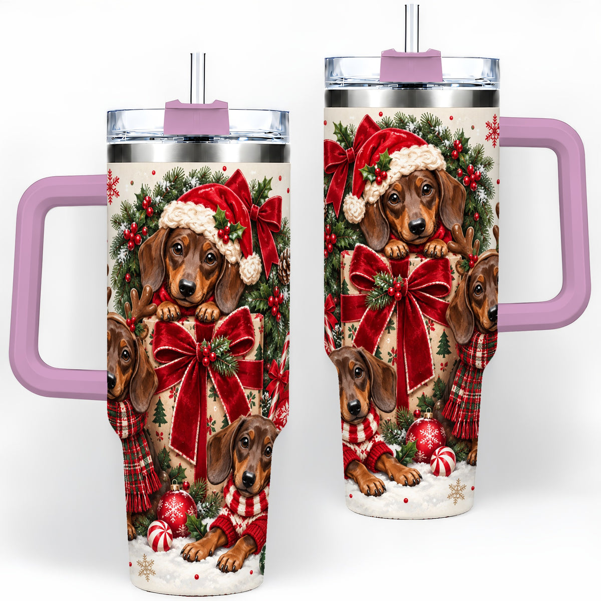 #pl[40oz|Pink] Christmas Dachshund 40oz Tumbler, Festive Puppy Winter Holiday Artwork