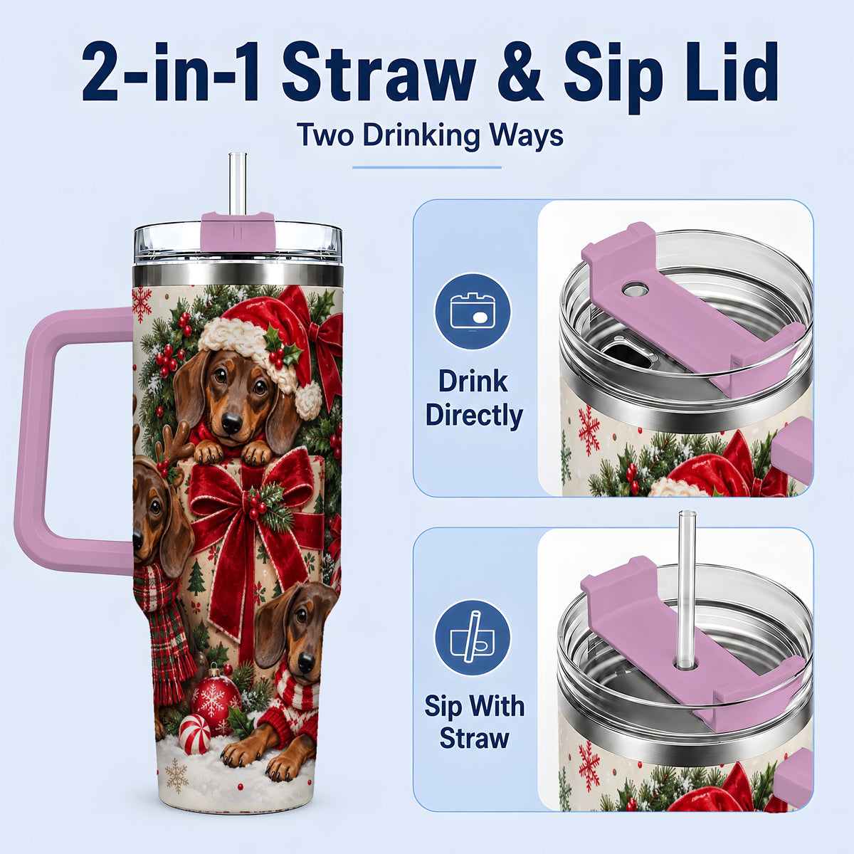 #pl[40oz|Pink] Christmas Dachshund 40oz Tumbler, Festive Puppy Winter Holiday Artwork