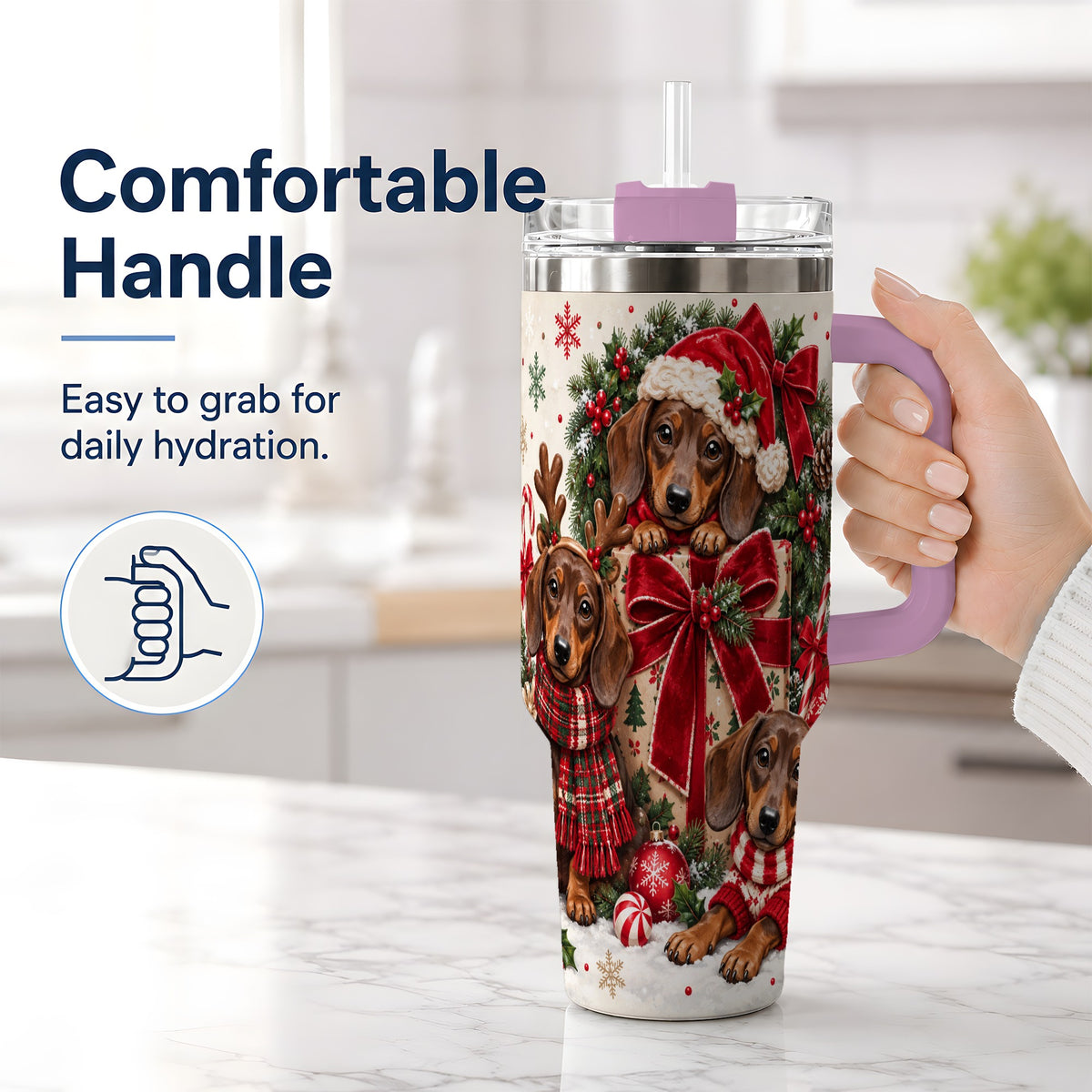 #pl[40oz|Pink] Christmas Dachshund 40oz Tumbler, Festive Puppy Winter Holiday Artwork
