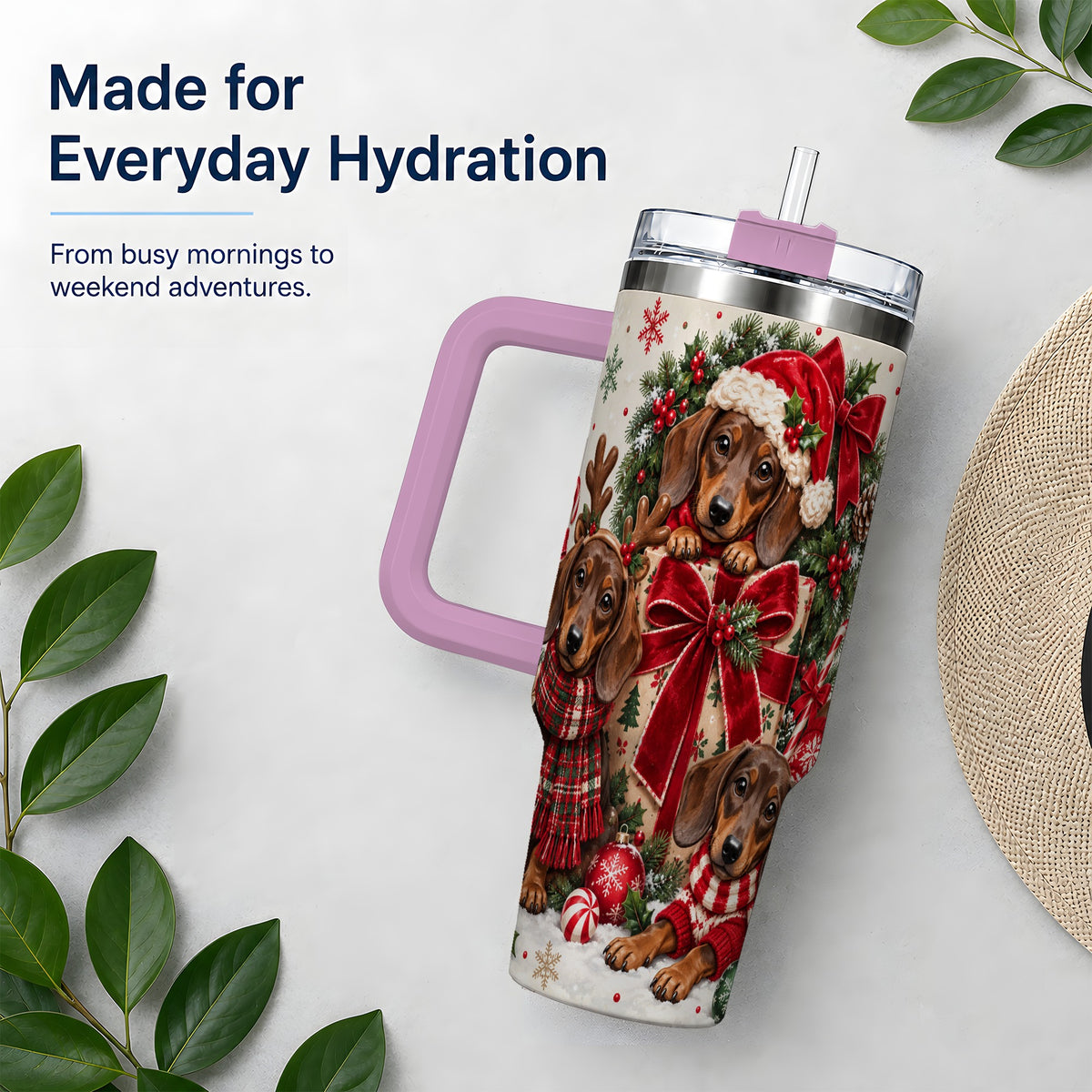 #pl[40oz|Pink] Christmas Dachshund 40oz Tumbler, Festive Puppy Winter Holiday Artwork