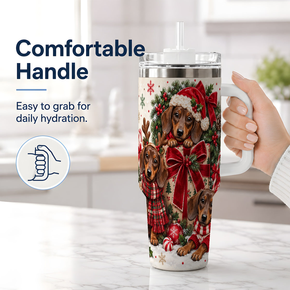 #pl[40oz|White] Christmas Dachshund 40oz Tumbler, Festive Puppy Winter Holiday Artwork