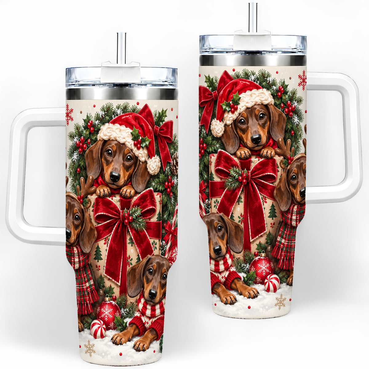 Christmas Dachshund 40oz Tumbler, Festive Puppy Winter Holiday Artwork
