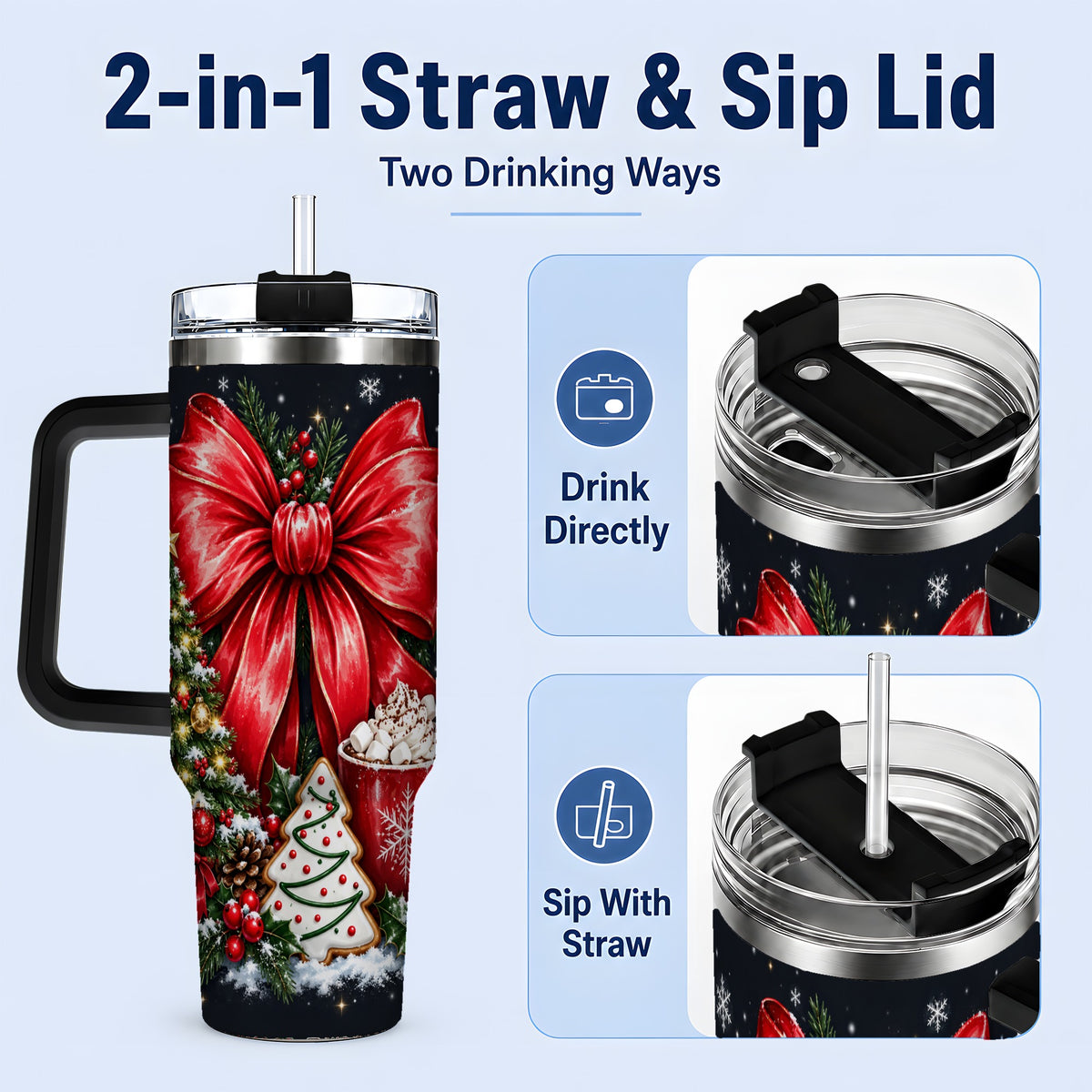 #pl[40oz|Black] Christmas Red Bow 40oz Tumbler, Tree Cocoa Winter Holiday Artwork