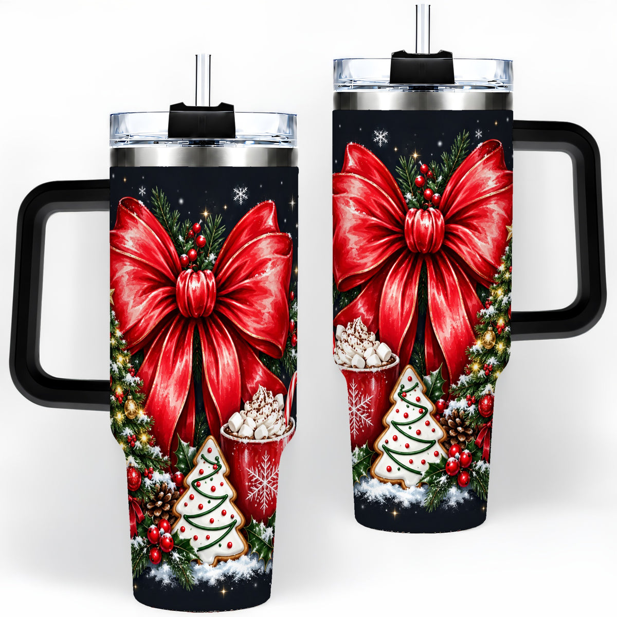 #pl[40oz|Black] Christmas Red Bow 40oz Tumbler, Tree Cocoa Winter Holiday Artwork