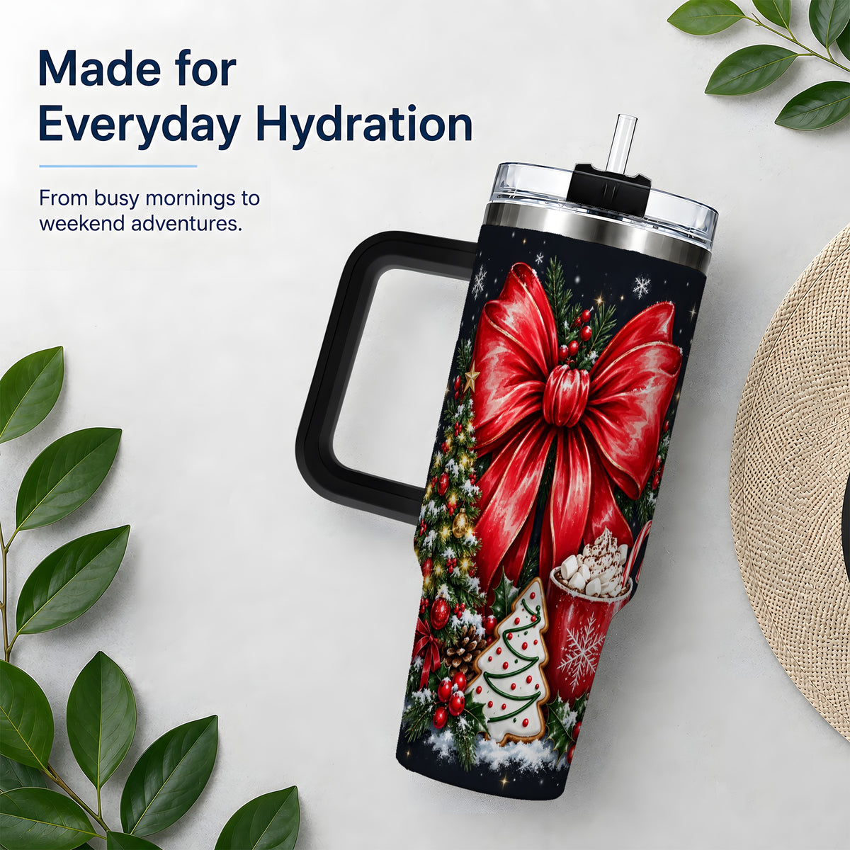 #pl[40oz|Black] Christmas Red Bow 40oz Tumbler, Tree Cocoa Winter Holiday Artwork
