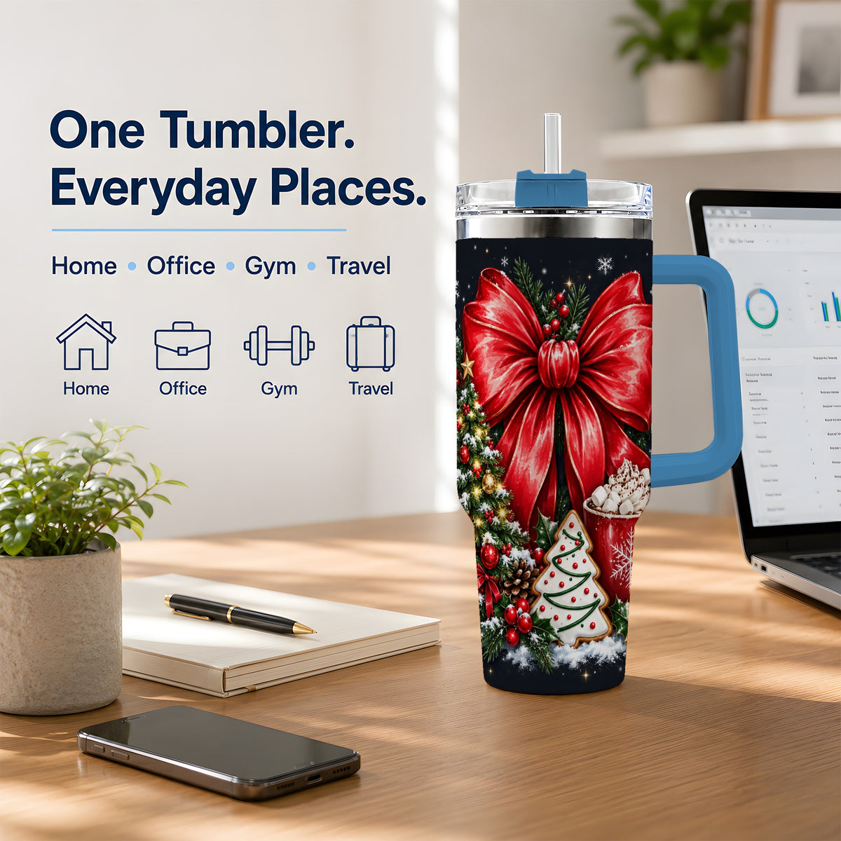 #pl[40oz|Blue] Christmas Red Bow 40oz Tumbler, Tree Cocoa Winter Holiday Artwork