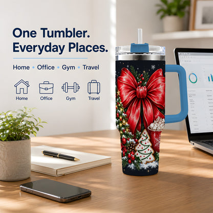 #pl[40oz|Blue] Christmas Red Bow 40oz Tumbler, Tree Cocoa Winter Holiday Artwork