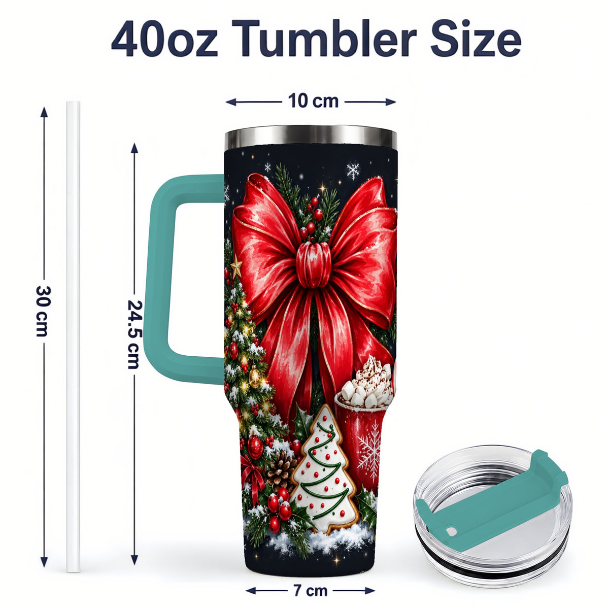 #pl[40oz|Green] Christmas Red Bow 40oz Tumbler, Tree Cocoa Winter Holiday Artwork