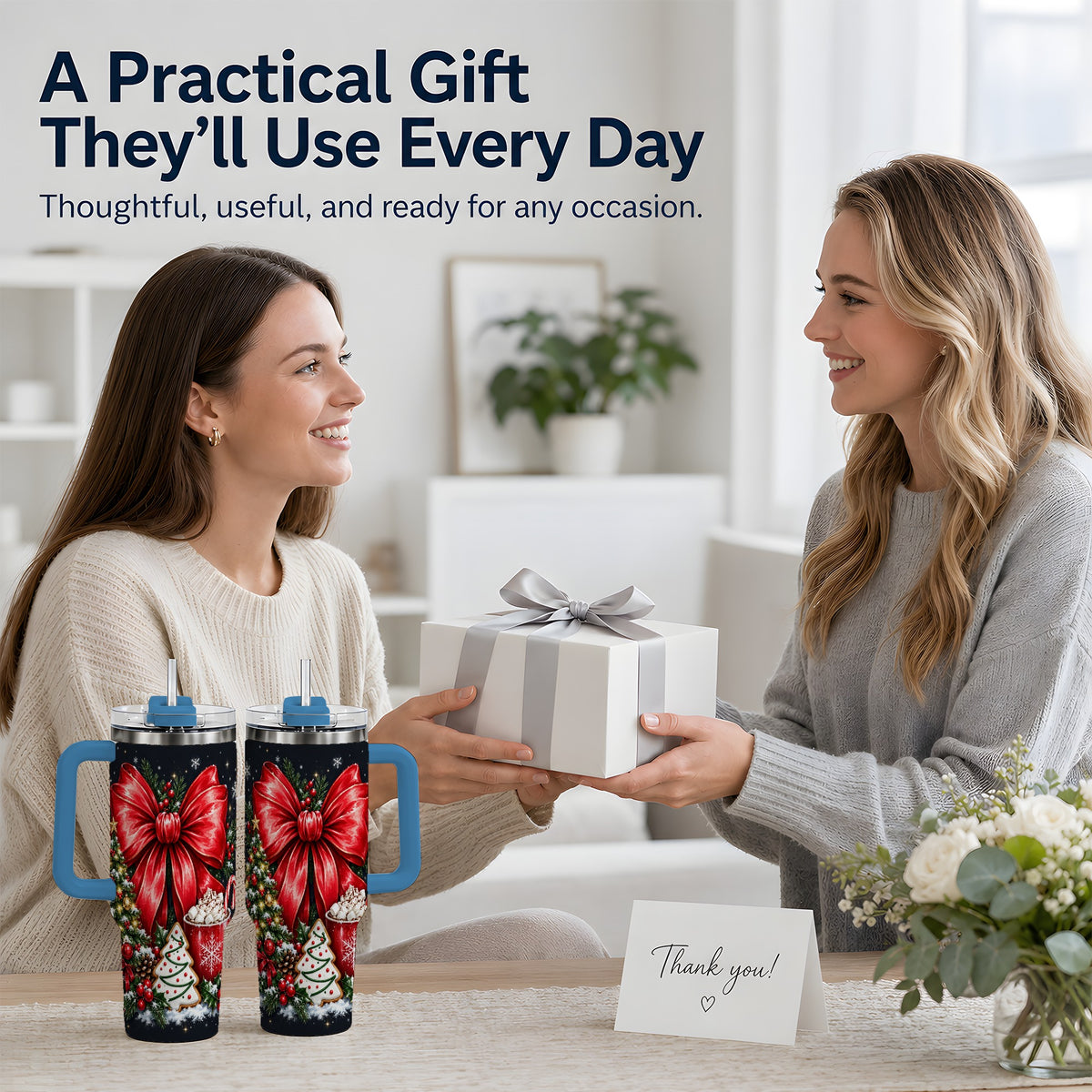 #pl[40oz|Blue] Christmas Red Bow 40oz Tumbler, Tree Cocoa Winter Holiday Artwork